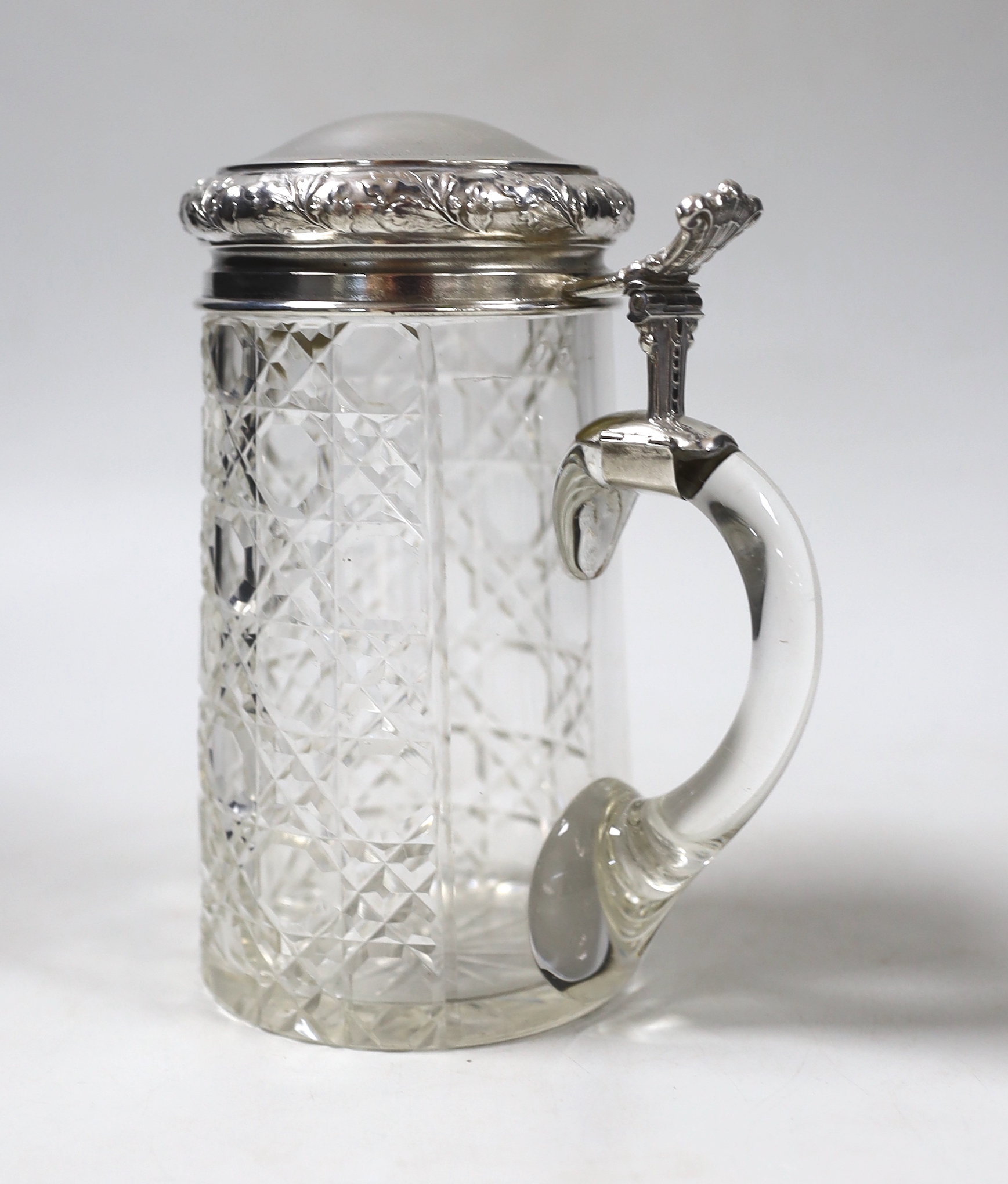 A German 800 standard white metal mounted cut glass stein, height 17.3cm.